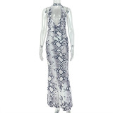 Women Gray and White Print Halter Neck Swing Neck Bodycon Dress