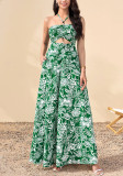 Women Summer Print Halter Neck Sexy Backless Hollow-Out Holidays Maxi Dress