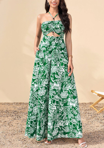 Women Summer Print Halter Neck Sexy Backless Hollow-Out Holidays Maxi Dress