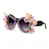 Women floral rhinestone cat-eye sunglasses, Baroque stage sunglasses
