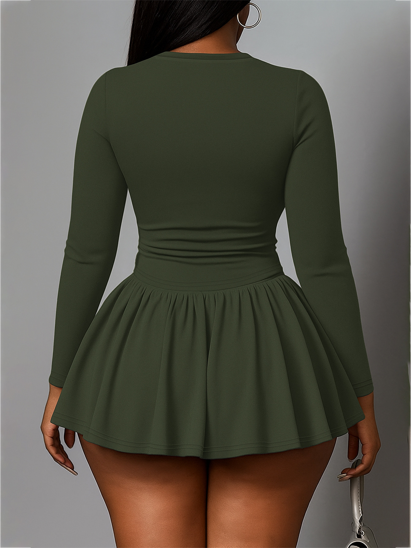 High-Neck Pleated Long-Sleeve Dress for Casual Wear