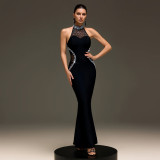 Women Halter Neck Beaded Backless Fishtail Dress