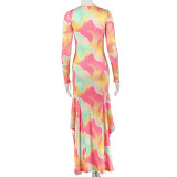 Women Color Block U-Neck Long-Sleeve Bodycon Dress