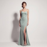 Women Spaghetti Strap Fishbone Pleated Slit Formal Party Evening Dress