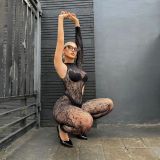 Women Rhinestone See-Through Lace Asymmetrical Long-Sleeved Hollowed-Out Bodysuit