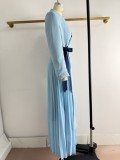 Women African Turndown Collar Lace-Up Pleated Dress