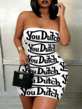 Women Print Letter Strapless Bodycon Dress