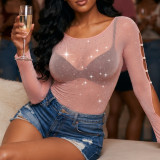 Women Beaded Sexy See-Through Mesh Top
