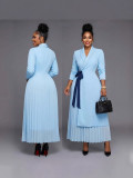 Women African Turndown Collar Lace-Up Pleated Dress