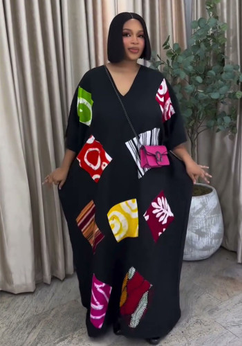 Plus Size Women African Print Holidays Casual V-Neck Dress