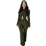 Women Ribbed Hollow-Out Long-Sleeve Casual Bell Bottom Jumpsuit