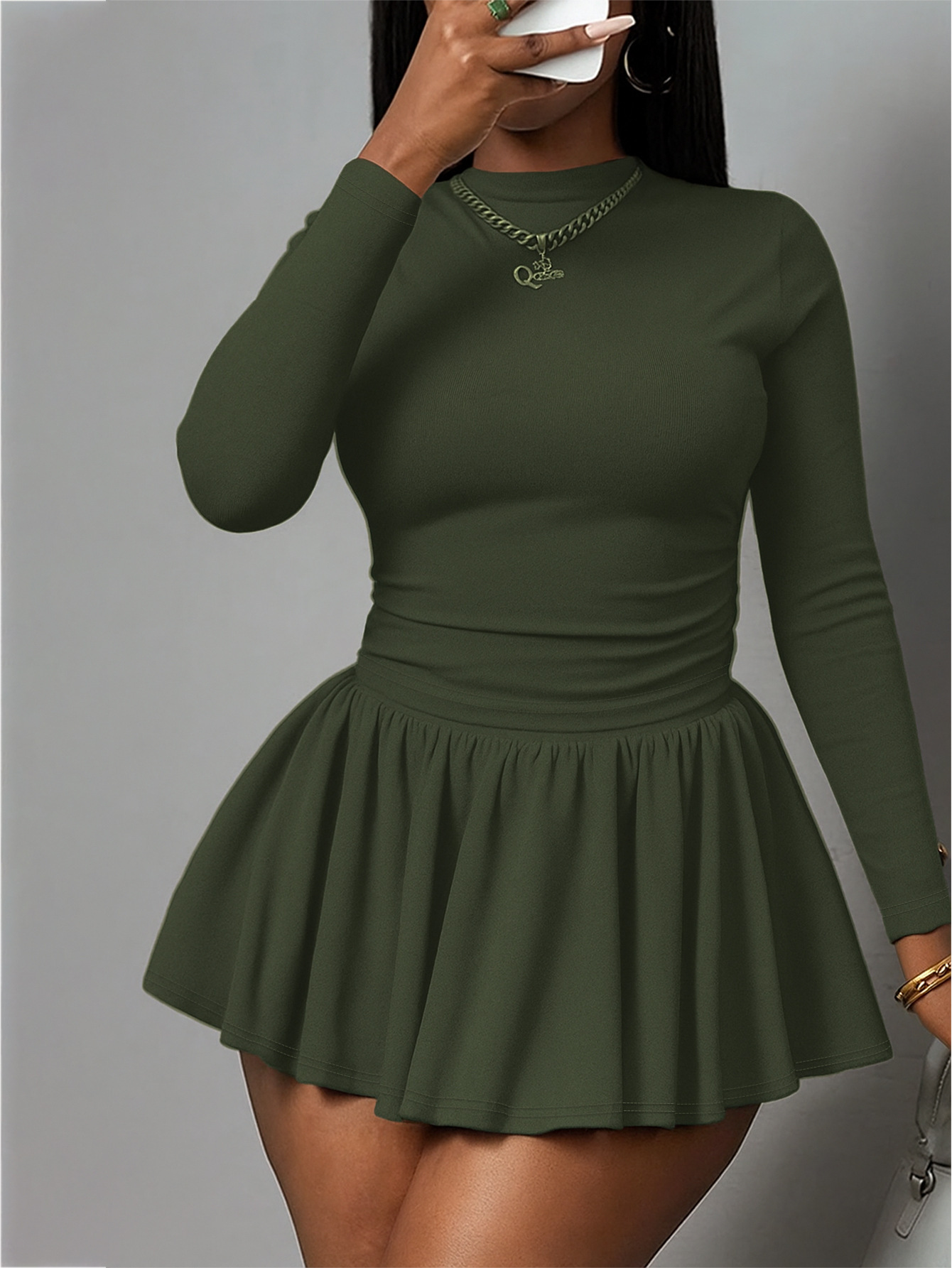High-Neck Pleated Long-Sleeve Dress for Casual Wear