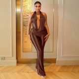 Women Halter Neck Pleated Halter Neck Solid Bell Bottom Jumpsuit