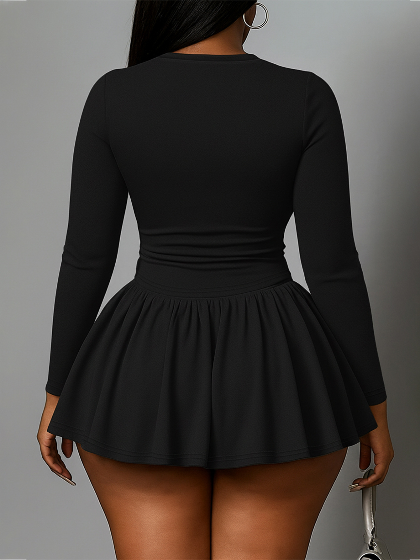 High-Neck Pleated Long-Sleeve Dress for Casual Wear