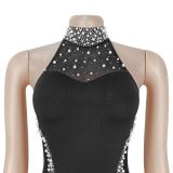 Women Halter Neck Beaded Backless Fishtail Dress