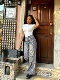 Women Washed Dirty Ripped Denim Wide-leg Pant