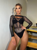 Women Beaded Off Shoulder See-Through Hollow-Out Rhinestone Mesh Long-Sleeved Fishnet Bodysuit Lingerie