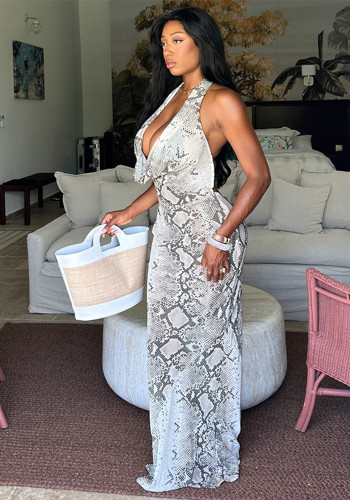 Women Gray and White Print Halter Neck Swing Neck Bodycon Dress