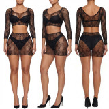 Women Beaded Mesh See-Through Cover-Up Sexy Jacquard Two-Pieces Lingerie