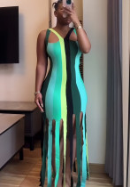 Women Summer African Striped Color Block Tassel Maxi Dress