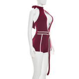 Summer Women Sexy Colorblock Halter Neck Lace-Up Romper