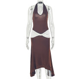 Women Color Block Pleated Halter Neck V-Neck Bodycon Maxi Dress
