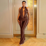 Women Halter Neck Pleated Halter Neck Solid Bell Bottom Jumpsuit