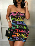 Women Print Letter Strapless Bodycon Dress