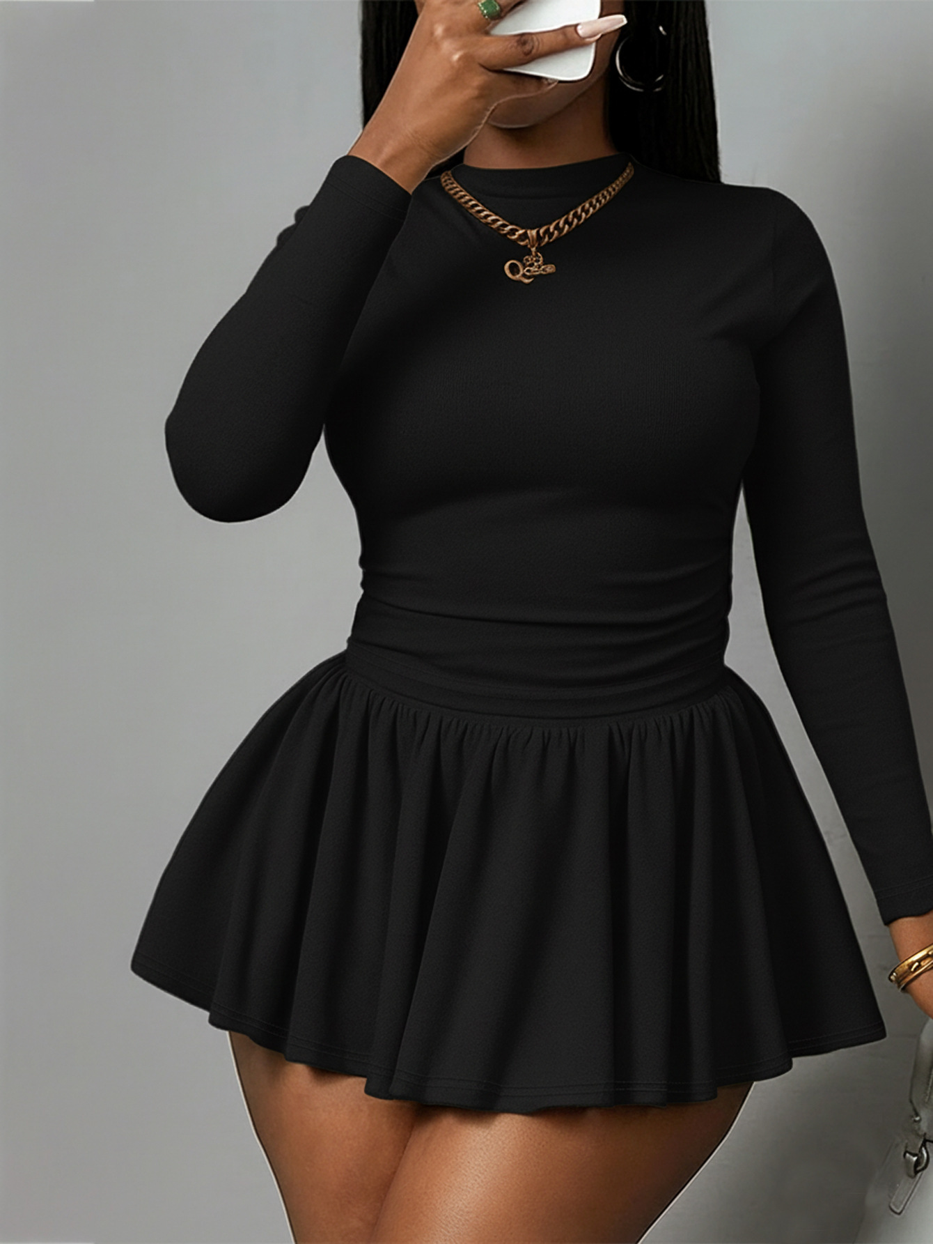High-Neck Pleated Long-Sleeve Dress for Casual Wear