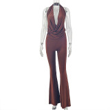 Women Halter Neck Pleated Halter Neck Solid Bell Bottom Jumpsuit