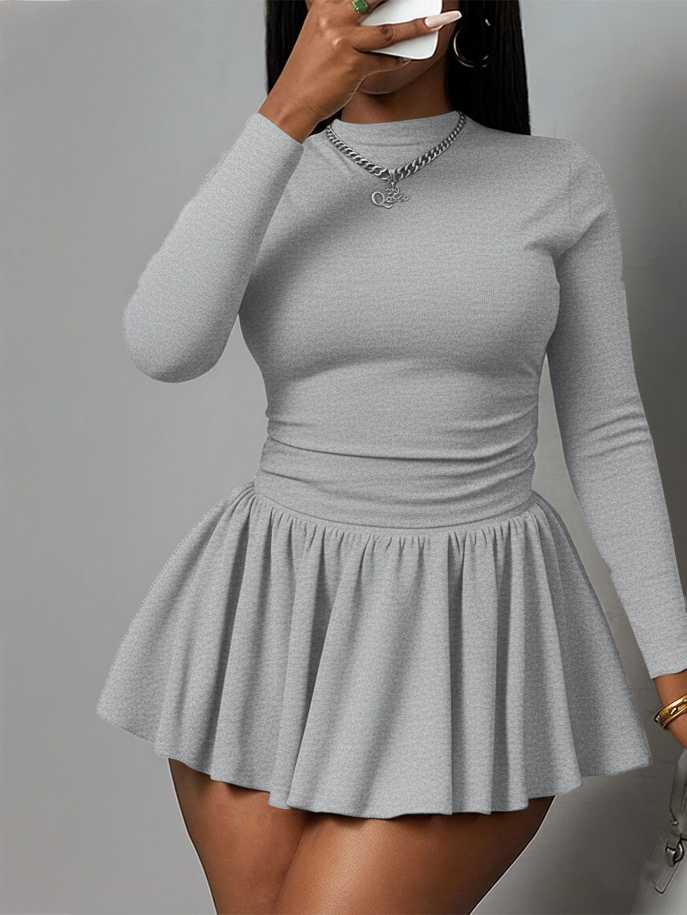 High-Neck Pleated Long-Sleeve Dress for Casual Wear