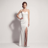 Women Spaghetti Strap Fishbone Pleated Slit Formal Party Evening Dress