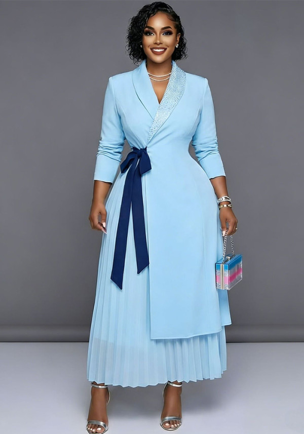 Women African Turndown Collar Lace-Up Pleated Dress