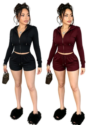 Women Casual Hooded Long-Sleeved Top and Shorts Two-Piece Set