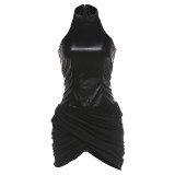 Women summer stand collar patchwork pu leather sleeveless bodycon dress