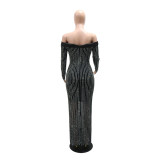 Women Off-Shoulder Beaded Color-Blocked Corsage Long-Sleeved Formal Party Dress