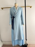 Women African Turndown Collar Lace-Up Pleated Dress
