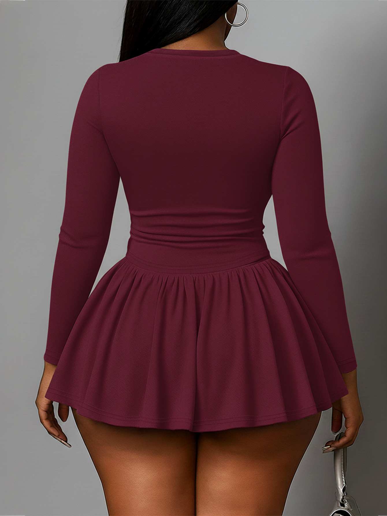 High-Neck Pleated Long-Sleeve Dress for Casual Wear