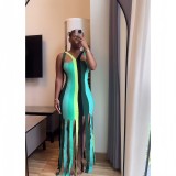 Women Summer African Striped Color Block Tassel Maxi Dress