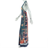 Women Summer Holidays Cross Halter Neck Top and Printed Pant Two-Piece Set