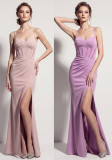 Women Spaghetti Strap Fishbone Pleated Slit Formal Party Evening Dress