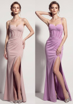 Women Spaghetti Strap Fishbone Pleated Slit Formal Party Evening Dress Women Spaghetti Strap Fishbone Pleated Slit Formal Party Evening Dress