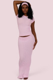 Women Solid Short-Sleeve Top and Skirt Two-Piece Set