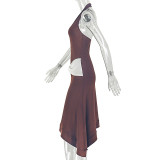Women Color Block Pleated Halter Neck V-Neck Bodycon Maxi Dress