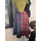 Women Summer African Patchwork Plaid Shirt Skirt