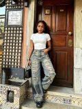 Women Washed Dirty Ripped Denim Wide-leg Pant