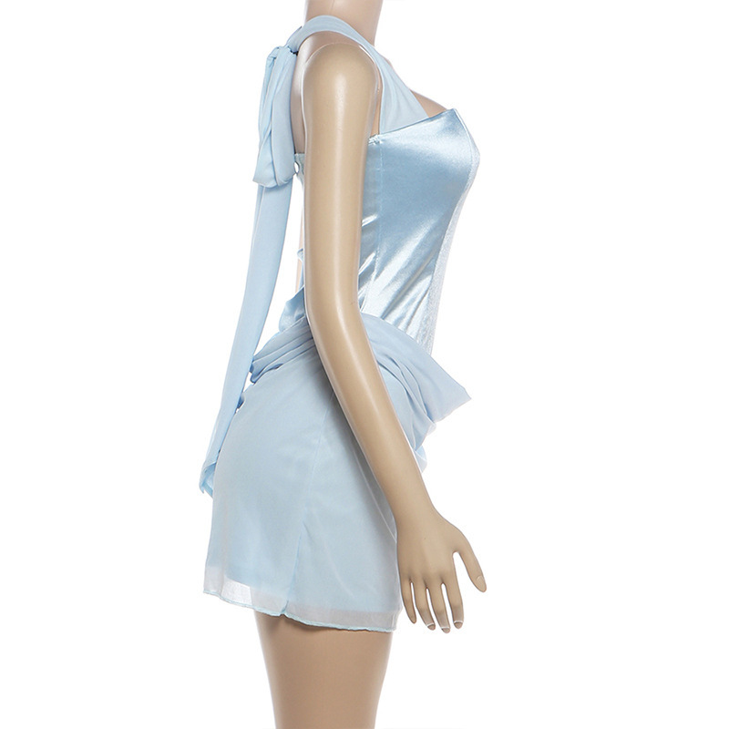 French Solid Halter Tie-Up Bodycon Dress for Summer