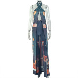 Women Summer Holidays Cross Halter Neck Top and Printed Pant Two-Piece Set