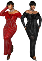 Women Off-Shoulder Beaded Color-Blocked Corsage Long-Sleeved Formal Party Dress Women Off-Shoulder Beaded Color-Blocked Corsage Long-Sleeved Formal Party Dress