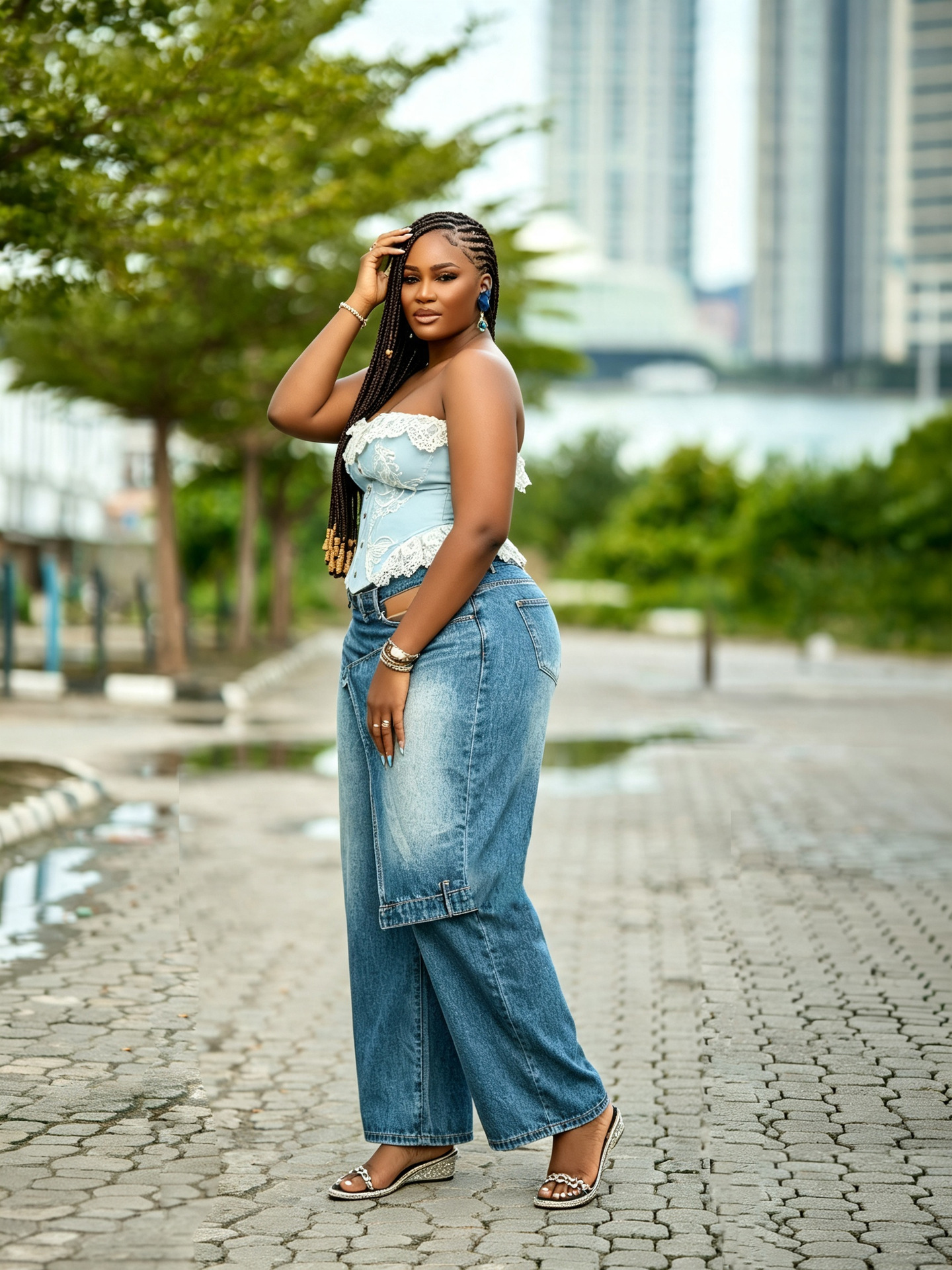Patchwork Waistband Denim Pants for Casual Streetwear